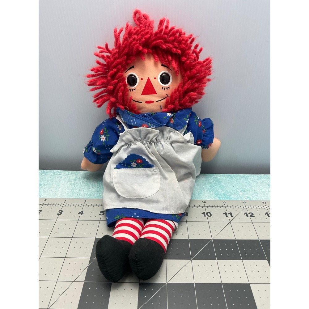 Raggedy Ann Plush Doll 15 Inch Classic Red Yarn Hair Blue Floral Dress‎ Apron